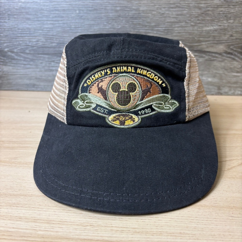 Vintage Disney Hat Cap Strap Back Black Brown Mesh Panel Animal Kingdom
